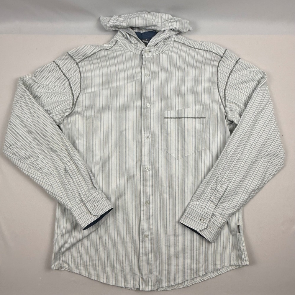Kuhl Mens Hooded Button Down Shirt Large White Blue Striped Hiking Vented L